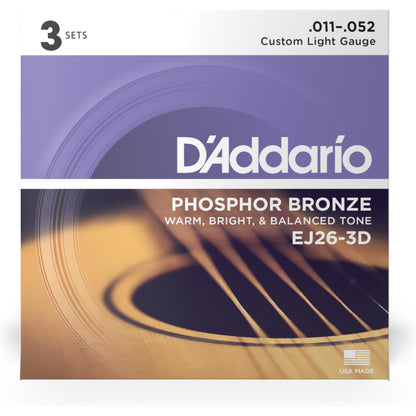 D'Addario EJ26-3D Phosphor Bronze Acoustic Guitar Strings, Custom Light, 11-52, 3 Sets