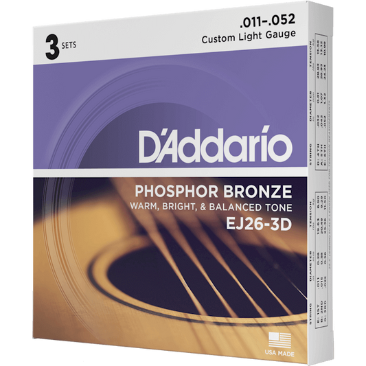 D'Addario Phosphor Bronze Acoustic Guitar Strings – Custom Light – 11-52 (3 Pack)