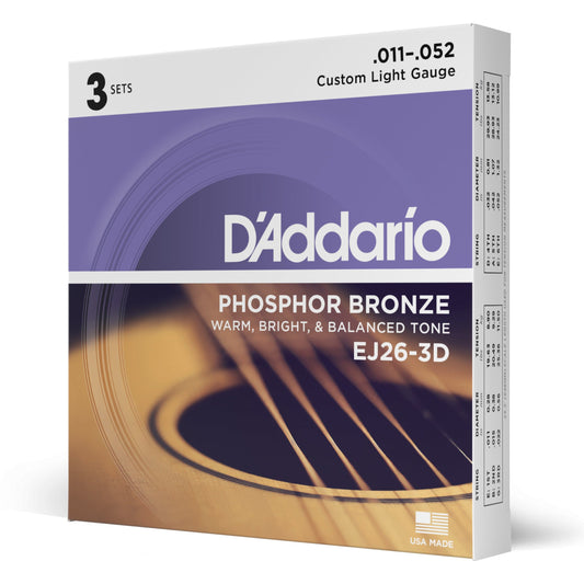 D'Addario EJ26-3D Phosphor Bronze Acoustic Guitar Strings, Custom Light, 11-52, 3 Sets