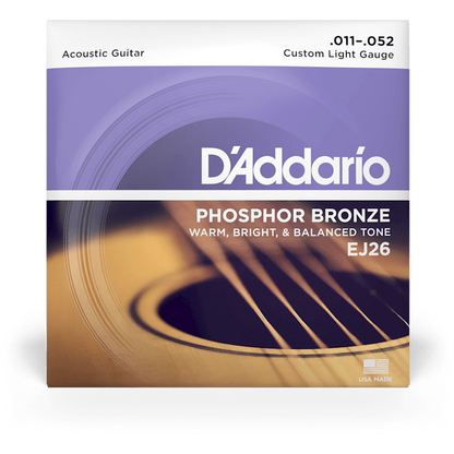 D'Addario Phosphor Bronze Acoustic Guitar Strings – Custom Light – 11-52