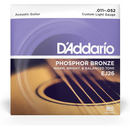 D'Addario EJ26 Phosphor Bronze Acoustic Guitar Strings, Custom Light, 11-52