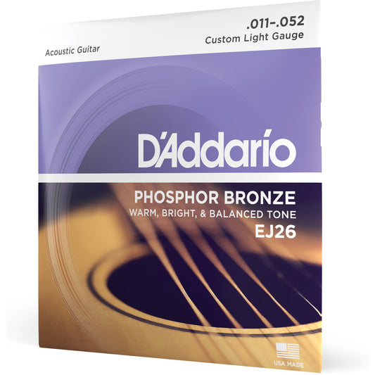 D'Addario EJ26 Phosphor Bronze Acoustic Guitar Strings, Custom Light, 11-52