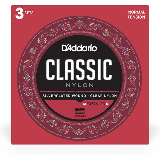 D'Addario EJ27N Student Nylon Classical Guitar Strings, Normal Tension, 3 Sets