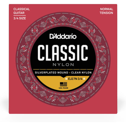 D'Addario EJ27N 3/4 Student Nylon Fractional Classical Guitar Strings, Normal Tension