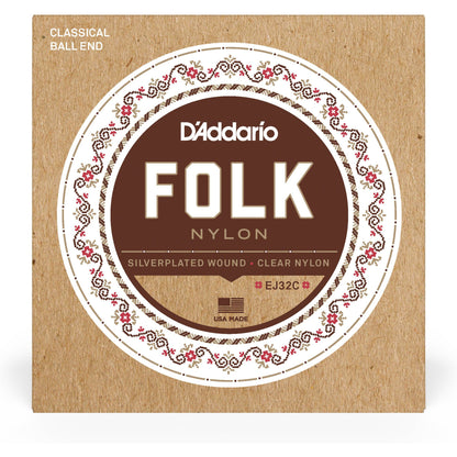 D'Addario EJ32C Folk Nylon Guitar Strings, Ball End, Silver Wound/Clear Nylon Trebles