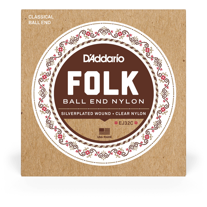 D'Addario Folk Nylon Guitar Strings – Ball End – Silver Wound/Clear Nylon Trebles