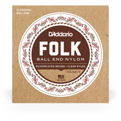D'Addario Folk Nylon Guitar Strings – Ball End – Silver Wound/Clear Nylon Trebles