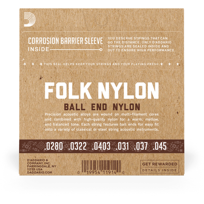 D'Addario Folk Nylon Guitar Strings – Ball End – Silver Wound/Clear Nylon Trebles