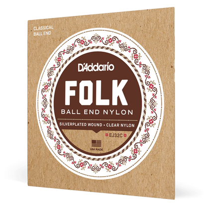 D'Addario Folk Nylon Guitar Strings – Ball End – Silver Wound/Clear Nylon Trebles