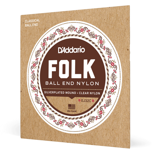 D'Addario Folk Nylon Guitar Strings – Ball End – Silver Wound/Clear Nylon Trebles