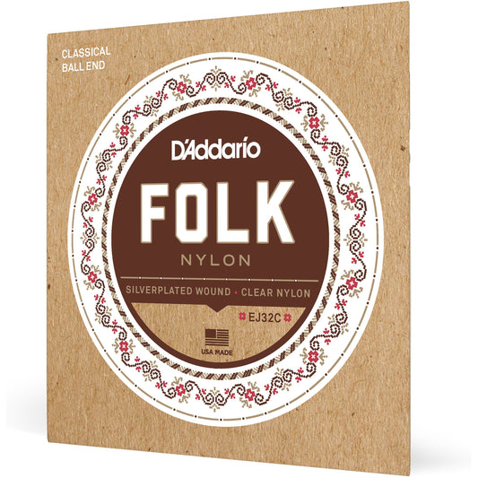 D'Addario EJ32C Folk Nylon Guitar Strings, Ball End, Silver Wound/Clear Nylon Trebles