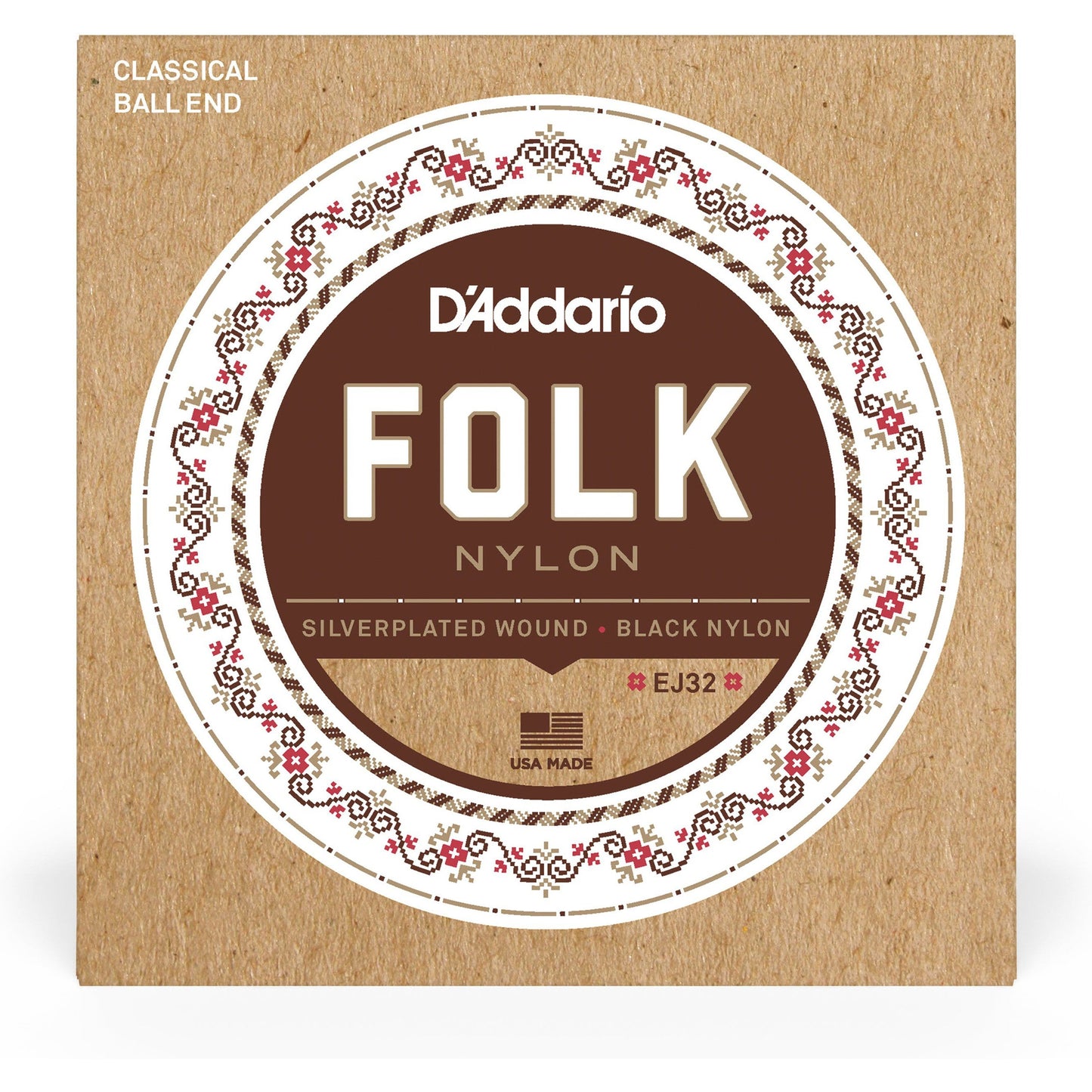 D'Addario EJ32 Folk Nylon Guitar Strings, Ball End, Silver Wound/Black Nylon Trebles