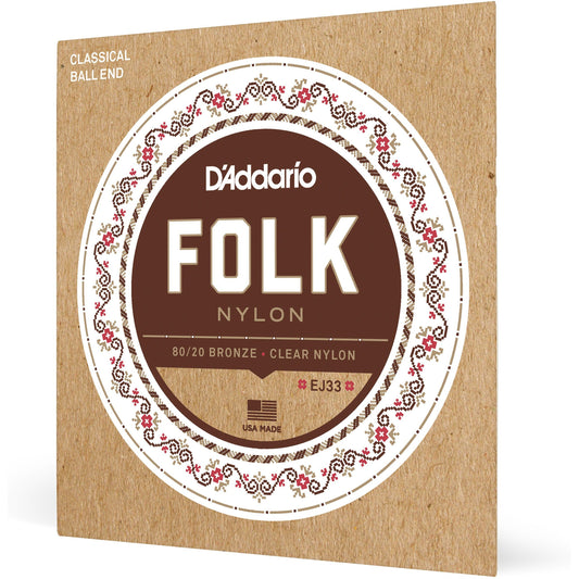 D'Addario EJ33 Folk Nylon Guitar Strings, Ball End, 80/20 Bronze/Clear Nylon Trebles