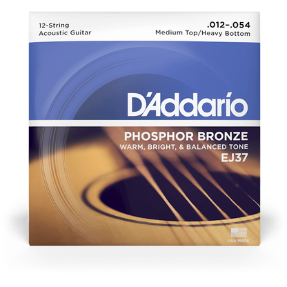 D'Addario Phosphor Bronze Acoustic Guitar Strings – 12 String – Medium Top/Heavy Bottom – 12-54