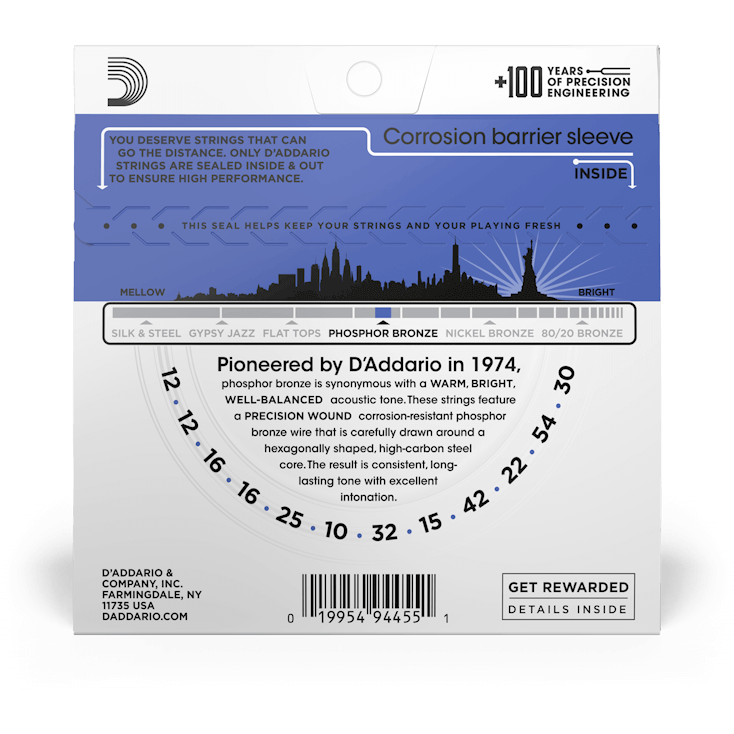 D'Addario Phosphor Bronze Acoustic Guitar Strings – 12 String – Medium Top/Heavy Bottom – 12-54
