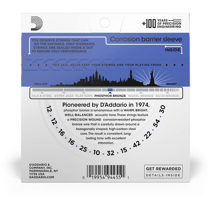 D'Addario Phosphor Bronze Acoustic Guitar Strings – 12 String – Medium Top/Heavy Bottom – 12-54