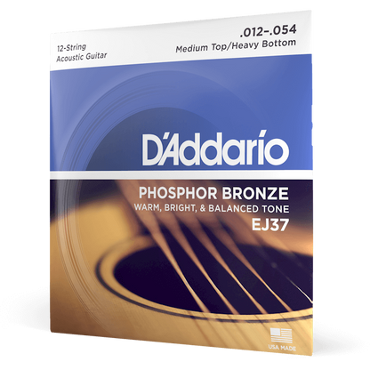 D'Addario Phosphor Bronze Acoustic Guitar Strings – 12 String – Medium Top/Heavy Bottom – 12-54