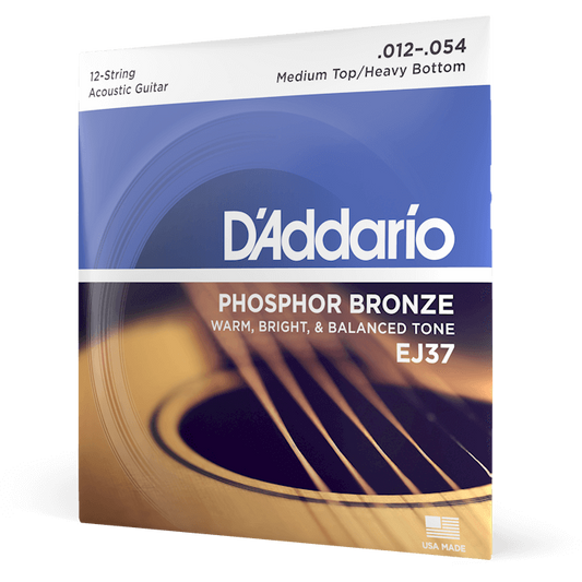 D'Addario Phosphor Bronze Acoustic Guitar Strings – 12 String – Medium Top/Heavy Bottom – 12-54