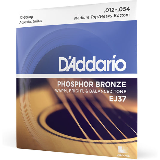 D'Addario EJ37 12-String Phosphor Bronze Acoustic Guitar Strings, Medium Top/Heavy Bottom, 12-54