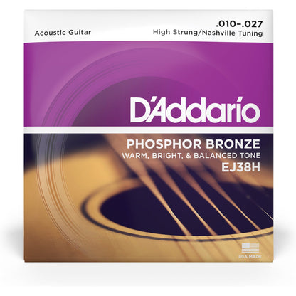 D'Addario EJ38H Phosphor Bronze Acoustic Guitar Strings, High Strung/Nashville Tuning, 10-27