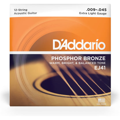 D'Addario EJ41 12-String Phosphor Bronze Acoustic Guitar Strings, Extra Light, 9-45