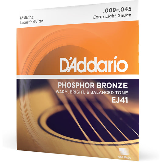 D'Addario EJ41 12-String Phosphor Bronze Acoustic Guitar Strings, Extra Light, 9-45