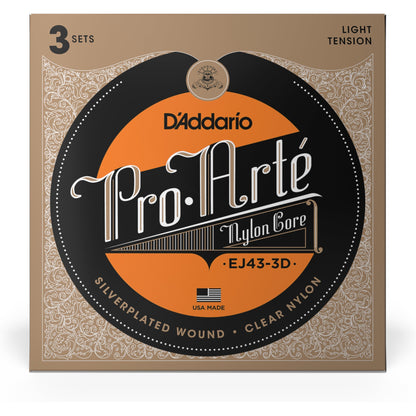 D'Addario EJ43 Pro-Arte Nylon Classical Guitar Strings, Light Tension, 3 Sets