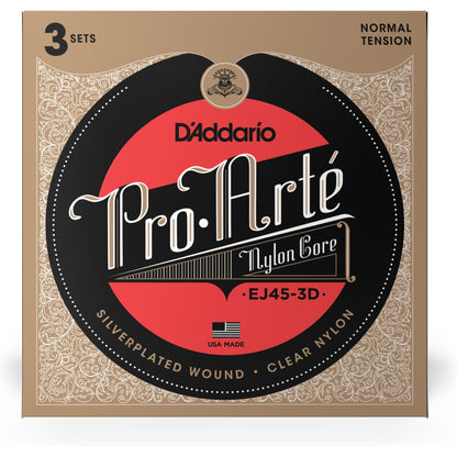 D'Addario EJ45-3D Pro-Arte Nylon Classical Guitar Strings, Normal Tension, 3 Sets