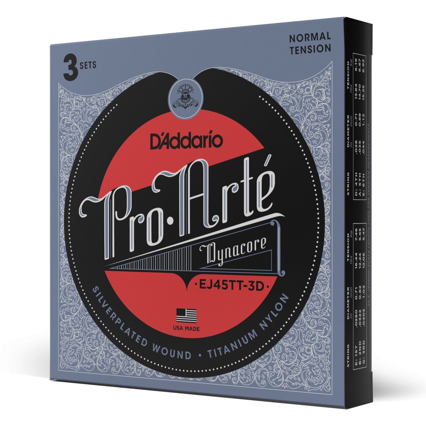 D'Addario EJ45TT ProArte DynaCore Classical Guitar Strings, Titanium Trebles, Normal Tension, 3 Sets