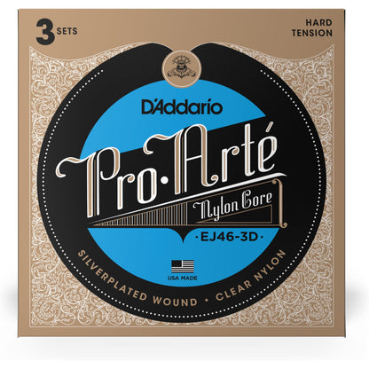 D'Addario EJ46-3D Pro-Arte Nylon Classical Guitar Strings, Hard Tension, 3 Sets