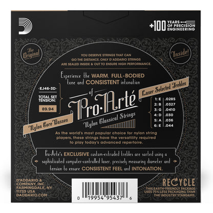 D'Addario EJ46-3D Pro-Arte Nylon Classical Guitar Strings, Hard Tension, 3 Sets