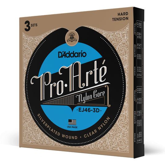 D'Addario EJ46-3D Pro-Arte Nylon Classical Guitar Strings, Hard Tension, 3 Sets