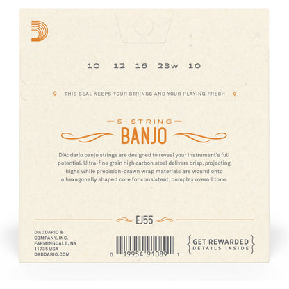 D'Addario EJ55 5-String Banjo Strings, Phosphor Bronze, Medium, 10-23