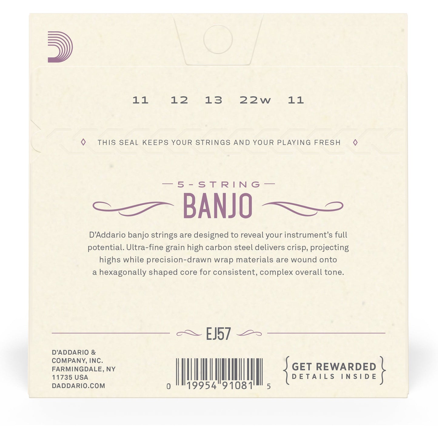 D'Addario EJ57 5-String Banjo Strings, Nickel, Custom Medium, 11-22