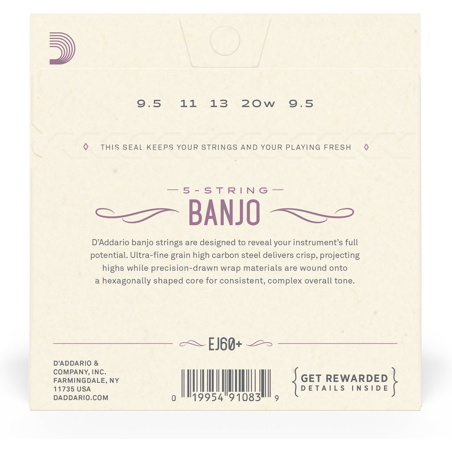 D'Addario EJ60+ 5-String Banjo Strings, Nickel, Light Plus, 9.5-20