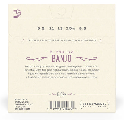 D'Addario EJ60+ 5-String Banjo Strings, Nickel, Light Plus, 9.5-20