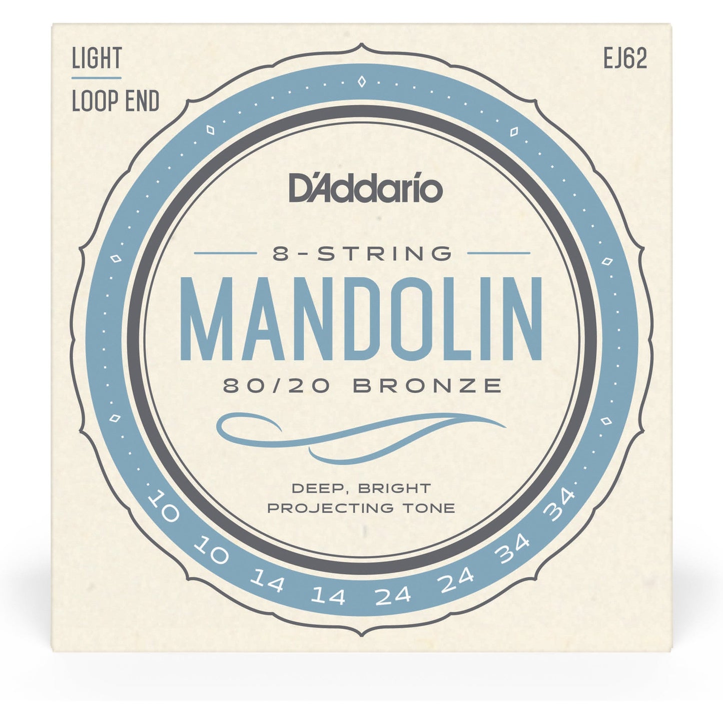 D'Addario EJ62 80/20 Bronze Mandolin Strings, Light, 10-34