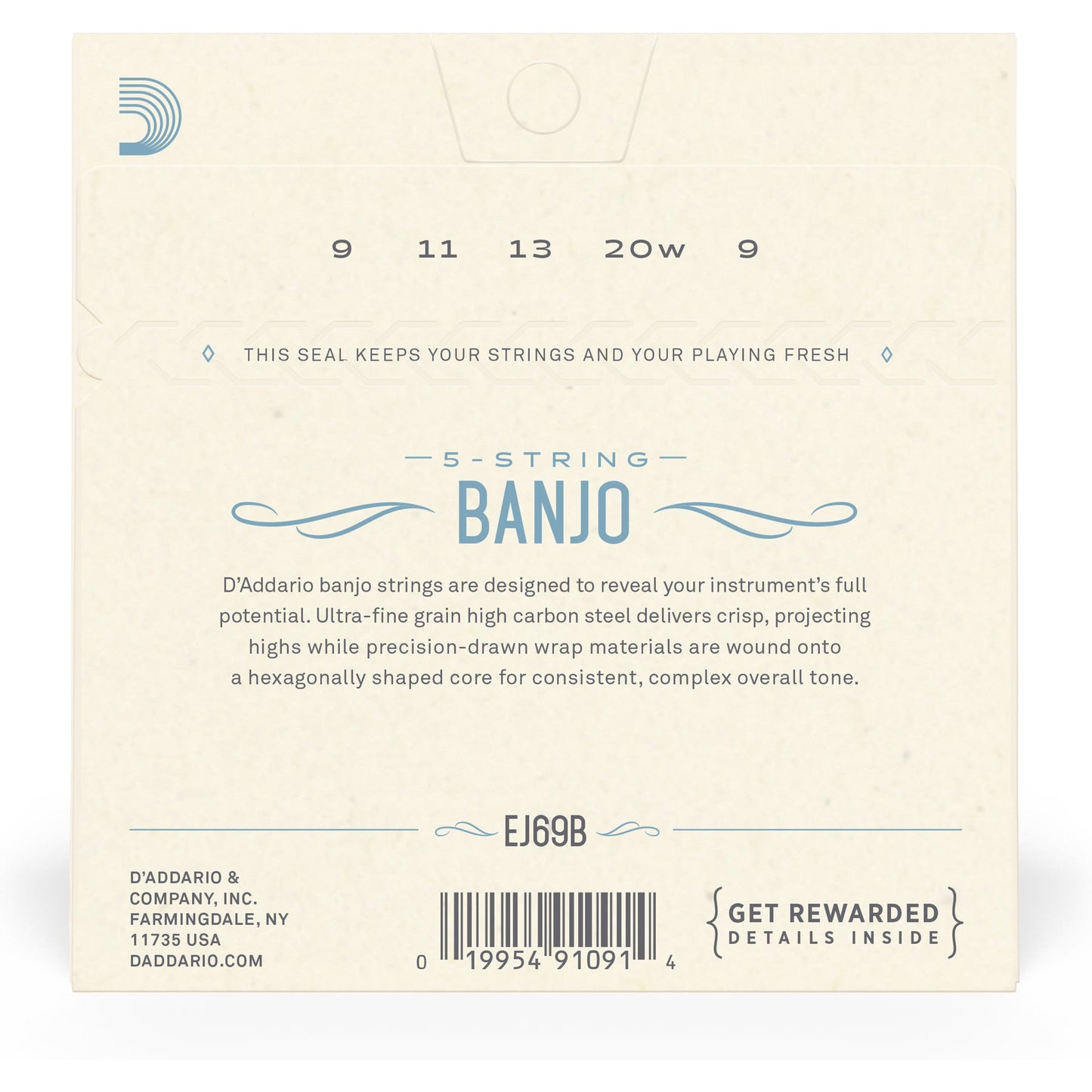 D'Addario EJ69 5-String Ball-End Banjo Strings, Phosphor Bronze, Light, 9-20