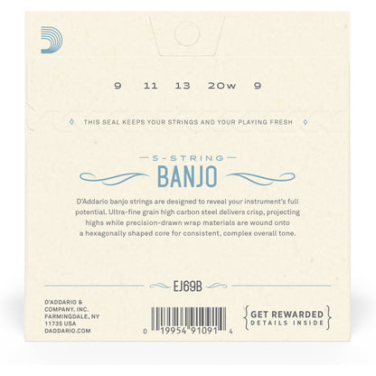 D'Addario EJ69 5-String Ball-End Banjo Strings, Phosphor Bronze, Light, 9-20