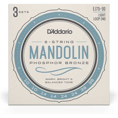 D'Addario EJ73 Mandolin Strings, Phosphor Bronze, Light, 10-38, 3 Sets