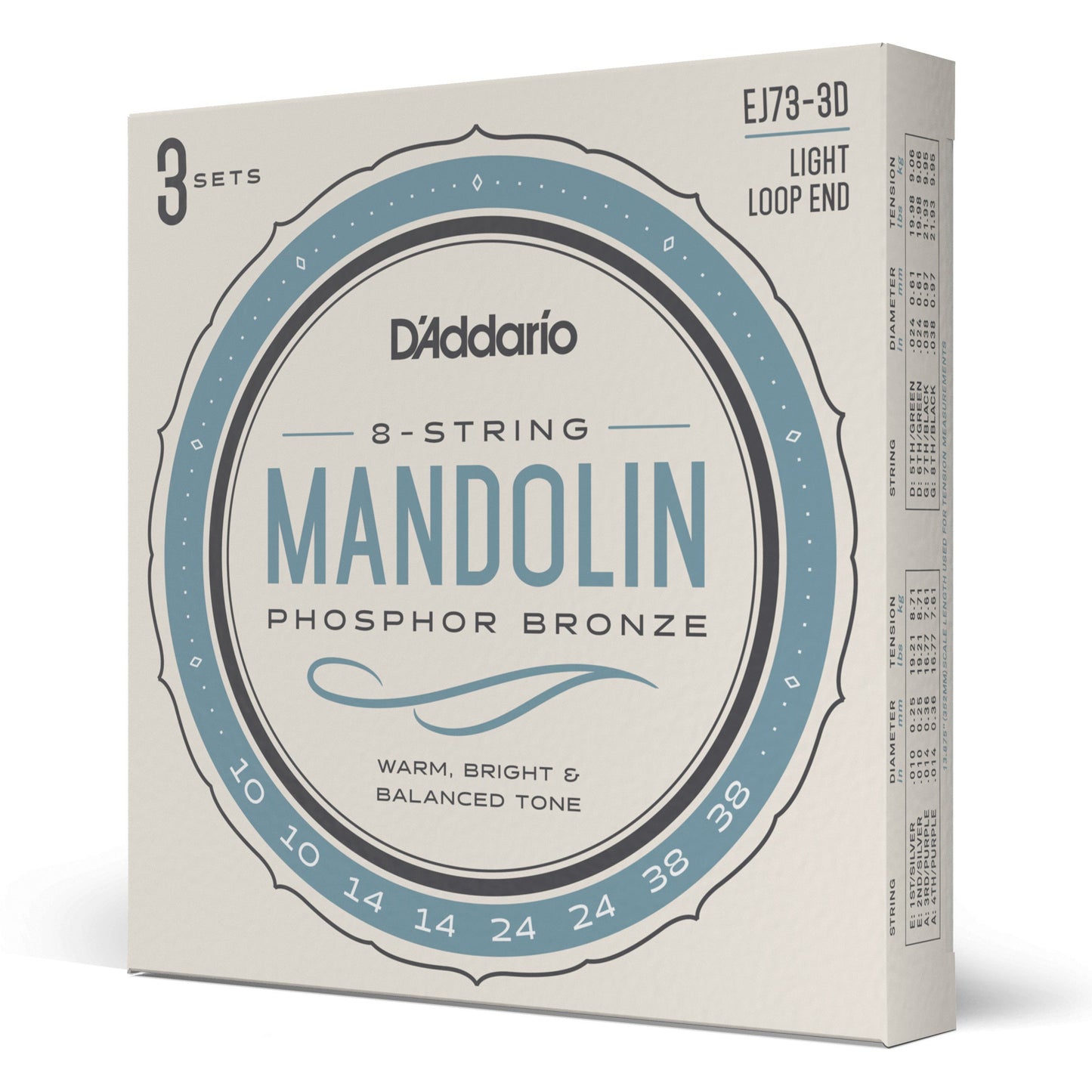 D'Addario EJ73 Mandolin Strings, Phosphor Bronze, Light, 10-38, 3 Sets