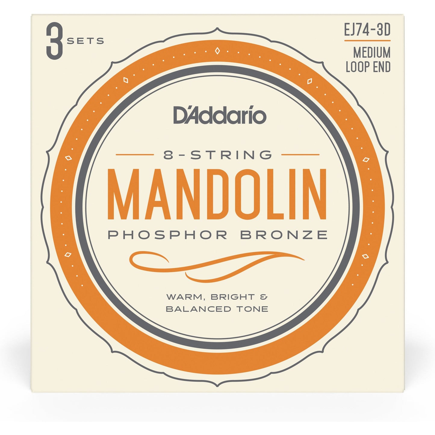 D'Addario EJ74-3D Mandolin Strings, Phosphor Bronze, Medium, 11-40, 3 Sets