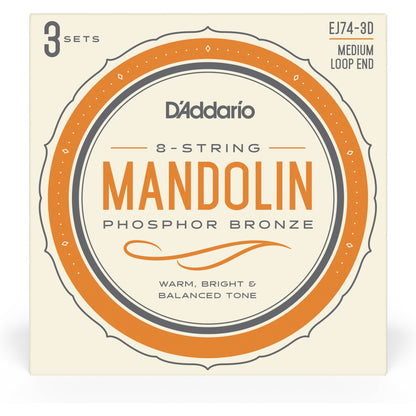 D'Addario EJ74-3D Mandolin Strings, Phosphor Bronze, Medium, 11-40, 3 Sets