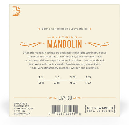 D'Addario EJ74-3D Mandolin Strings, Phosphor Bronze, Medium, 11-40, 3 Sets