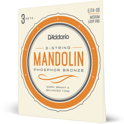 D'Addario EJ74-3D Mandolin Strings, Phosphor Bronze, Medium, 11-40, 3 Sets