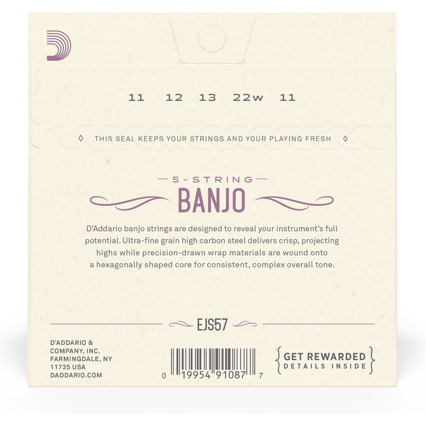 D'Addario EJS57 5-String Banjo Strings, Stainless Steel, Custom Medium, 11-22