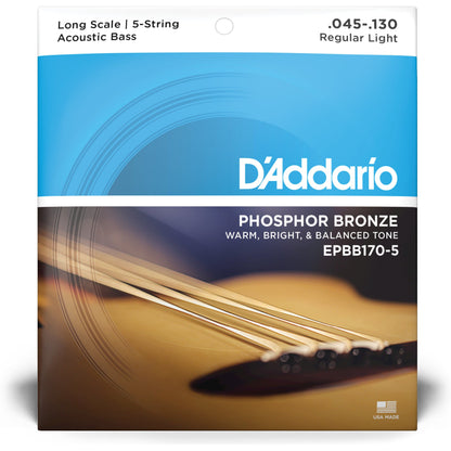 D'Addario EPBB170-5 Phosphor Bronze 5-String Acoustic Bass Strings, Long Scale, 45-130