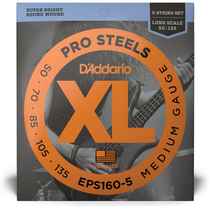 D'Addario EPS160-5 5-String ProSteels Bass Guitar Strings, Medium, 50-135, Long Scale