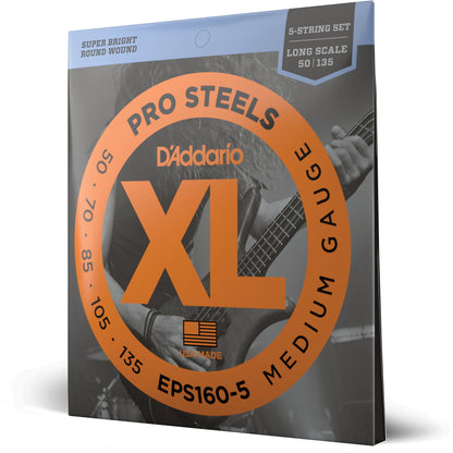 D'Addario EPS160-5 5-String ProSteels Bass Guitar Strings, Medium, 50-135, Long Scale