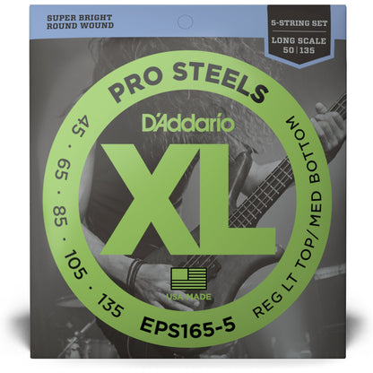 D'Addario EPS165-5 5-String ProSteels Bass Guitar Strings, Custom Light, 45-135, Long Scale